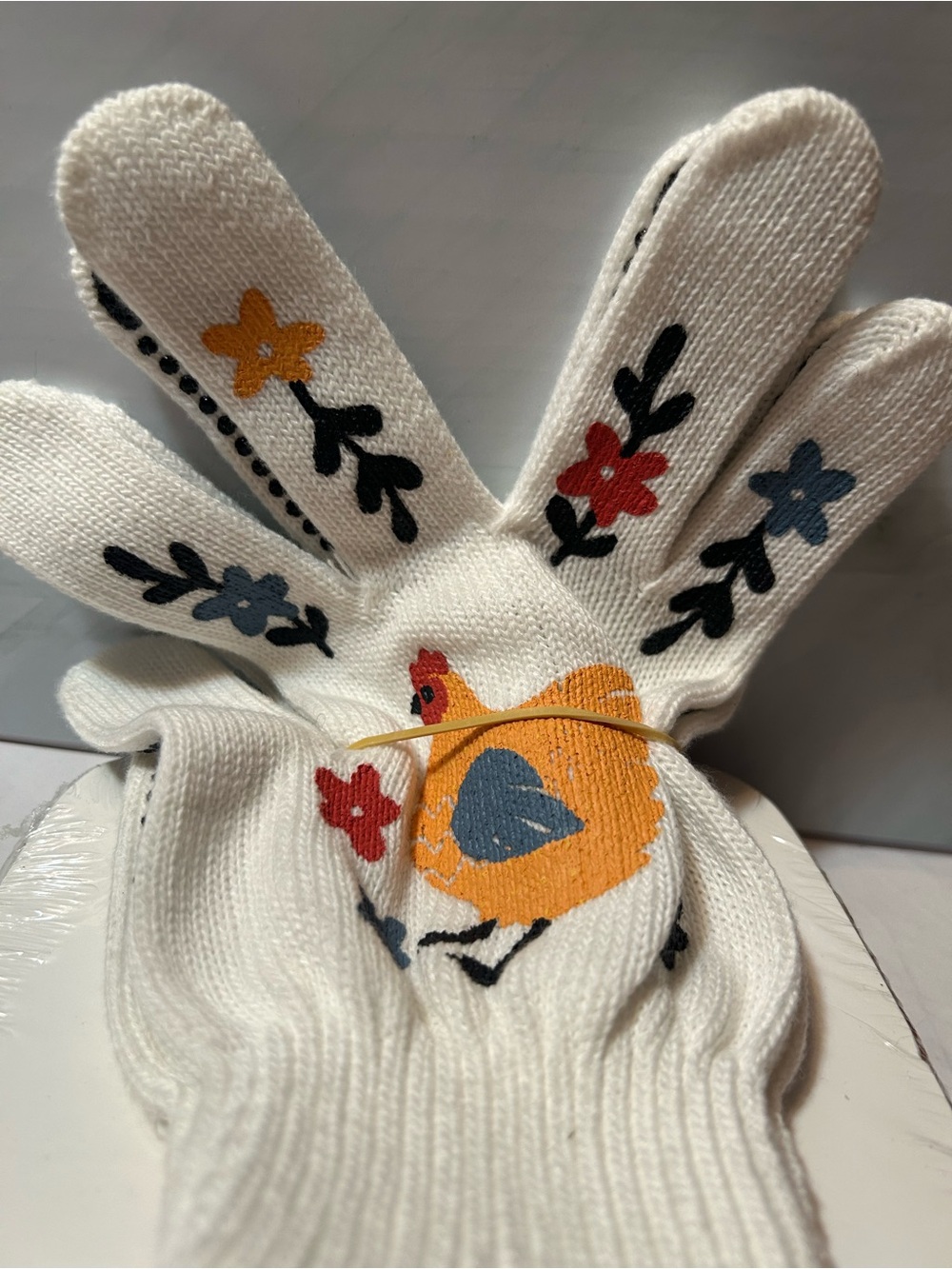 White Knit Gardening Gloves with Colorful Chicken & Floral Print